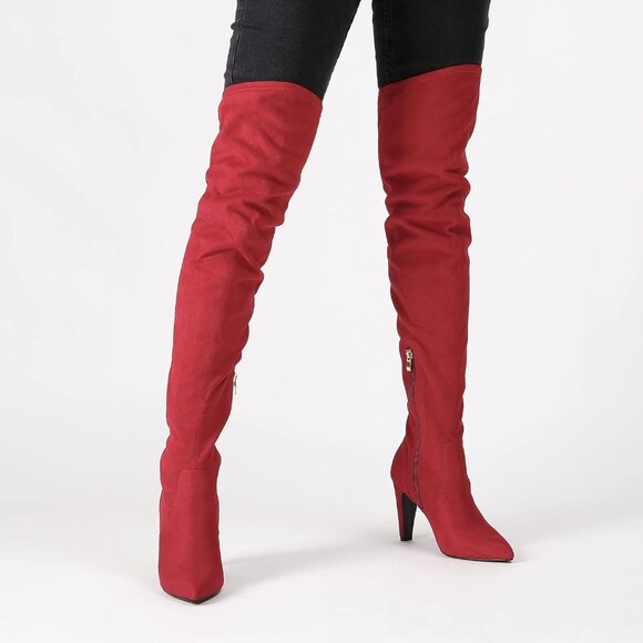 Women's Red/Suede Faux Leather Thigh High Over The Knee Long Pointed Toe Boots - Picture 6 of 7